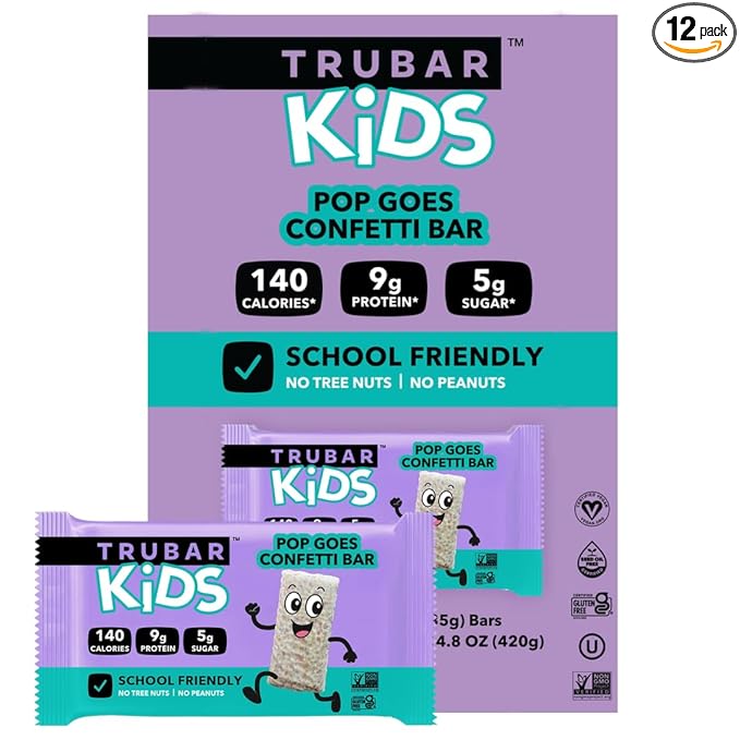 TRUBAR Kids Protein Bars Pop Goes Confetti Plant Based Protein Gluten Free School-Friendly Snacks for Lunchboxes Tree Nut and Peanut Free Low Sugar Healthy On the Go Snack Bars 12 Count