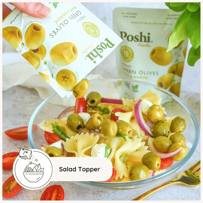 POSHI Green Pitted Olives - Basil &amp Garlic | Vegan Kosher Gluten Free + Keto Friendly Fresh Low Calorie Healthy Snacks | (30 Pack 1.1oz Bags)