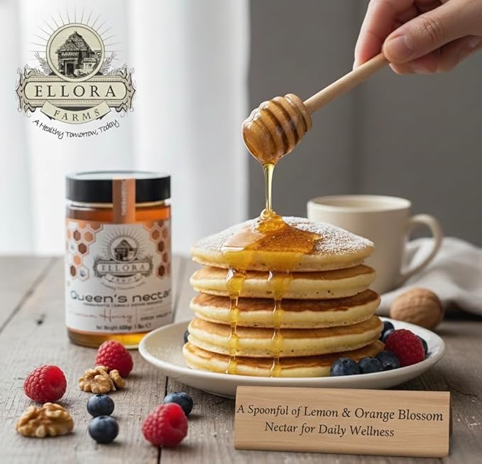 Ellora Farms Greek Honey Lemon &amp Orange Blossom Raw Unpasteurized Honey 2025 Paris Platinum Award Non-GMO and Unpasteurized Gift Pack with Dipper - 450g (16oz)