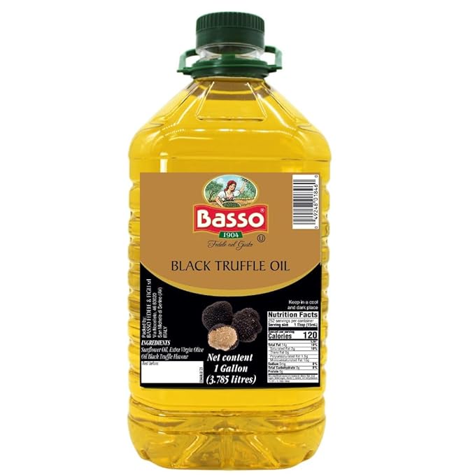 BASSO 1904 Black Truffle Infused Oil – Bulk 1 Gallon (3.785L) – Italian Extra Virgin Olive Oil with Truffle Aroma – Non-GMO Gourmet Finishing Oil for Pasta Risotto &amp Pizza – Product of Italy