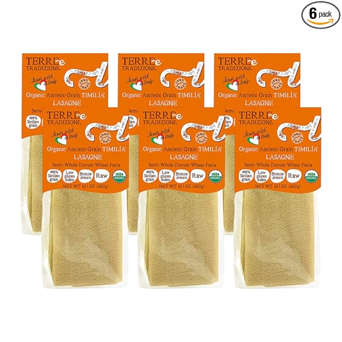 TERRE E TRADIZIONI 6 PACKS ORGANIC ITALIAN SEMI WHOLE DURUM LASAGNA PASTA – Sicilian Ancient Grain Timilia Vegan Crafted in Italy. LOW-GLUTEN INDEX. Has 6X More Fiber and Protein than Popular Grains
