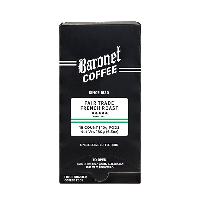 Baronet Coffee Pods [Organic Fair Trade French Roast-54 Pods] Single Cup Use Like Senseo [3 Boxes of 18 Single Serve 10 Gram] Regular Strength [Dark Org Fr Roast]