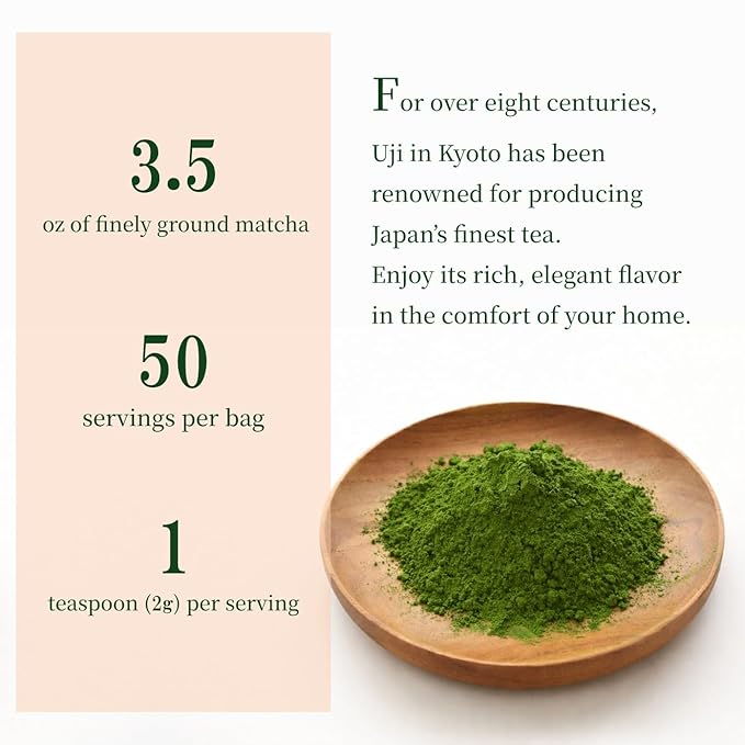 JEAU CHAU Premium Uji Matcha Powder from Kyoto Japan (3.5oz/100g. 50 servings per bag) Vivid Green Ceremonial Quality Taste for Lattes &amp Baking
