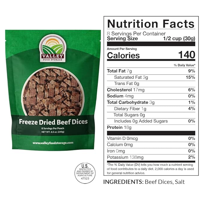 Freeze Dried Beef Dices 10-Bag Bucket 85 Oz | Premium Emergency Food Supply 25 Year Shelf Life | Prepper Supplies Survival Food Off Grid Living Supplies | Valley Food Storage Packaged in USA