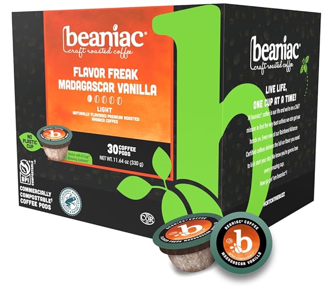 beaniac Flavor Freak Madagascar Vanilla Flavored Light Roast Single Serve Compostable K Cup Coffee Pods Arabica Coffee with Natural Flavors Keurig Brewer Compatible 30 Count