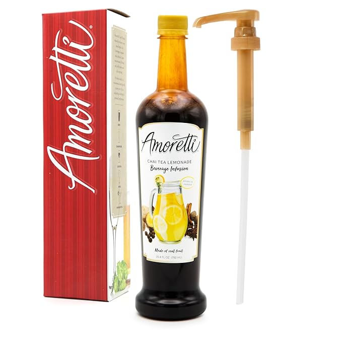 Amoretti - Chai Tea Lemonade Beverage Infusion 94 Servings Per Bottle (750 ml) - Drink Mix &amp Water Enhancer with Pump for Flavoring Cocktails Waters Teas and other Beverages Preservative Free