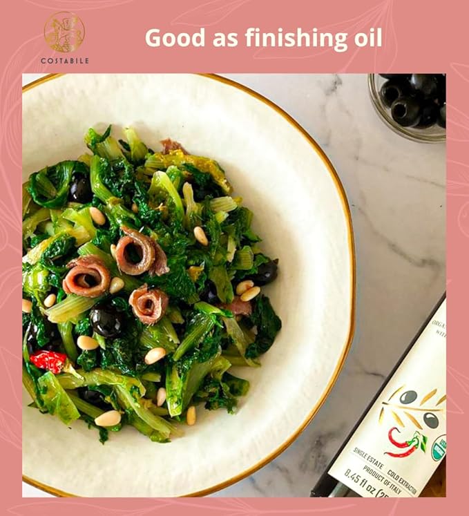 Chilli oil. Spicy Extra Virgin Olive Oil from Puglia Italy Infused with Organic Hot Red Peppers. Perfect as Spicy Vegan Chili Dressing - COSTABILE 16.9 Fl. Oz.