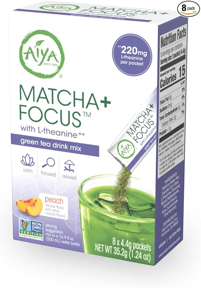Aiya Matcha+ Focus™ - Peach Flavored Matcha Drink Mix with L-Theanine - 220mg L-Theanine - Natural Focus Booster - Premium Japanese Matcha Green Tea Powder - 8 Sticks