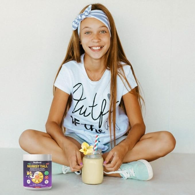 NuBest Tall Vanilla Plant-Based Protein Powder for Kids &amp Teens - Healthy &amp Immunity with Probiotics Omega 3-6-9 Vitamin D3 + K2 Calcium &amp Vitamins - 10 Servings | 2 Week Supply