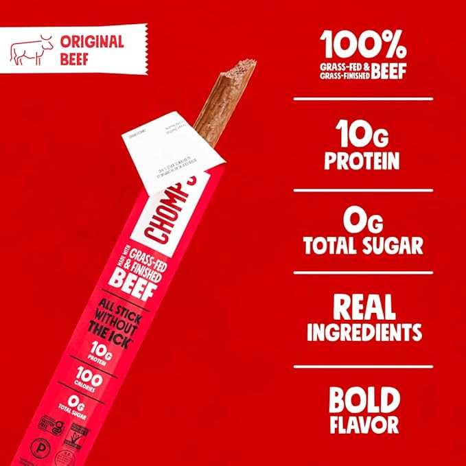 Chomps Grass-Fed and Finished Original Beef Jerky Snack Sticks 10-Pack - Keto Paleo Whole30 10g Lean Meat Protein Gluten-Free Zero Sugar Food Non-GMO