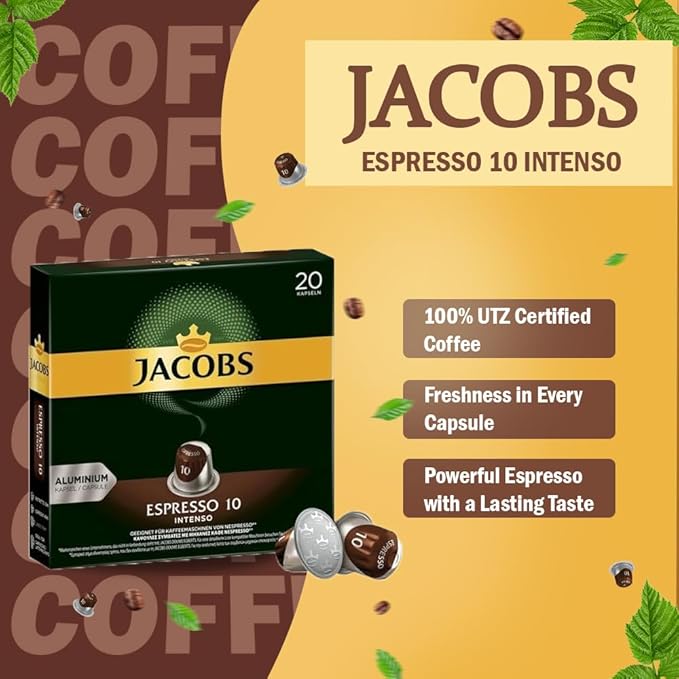 Jacobs Espresso 10 Intense 10x20 CAPSULES Coffee Capsules Compatible with (052 USD/1 CAP)
