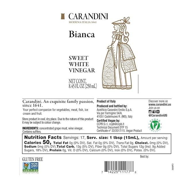Carandini Bianca Sweet White Vinegar | Italian White Balsamic-Style Vinegar Gourmet Substitute for White Balsamic or Wine Vinegar – Made in Italy 8.45 fl oz (Pack of 2)