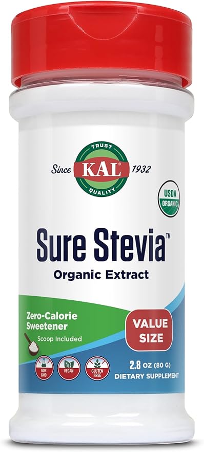 KAL Sure Stevia Extract Organic Stevia Powder Low Carb Zero Calorie Sweetener Keto Friendly Great Taste Low Glycemic Vegan Gluten Free No Fillers 60-Day Guarantee (2.8 oz Organic)