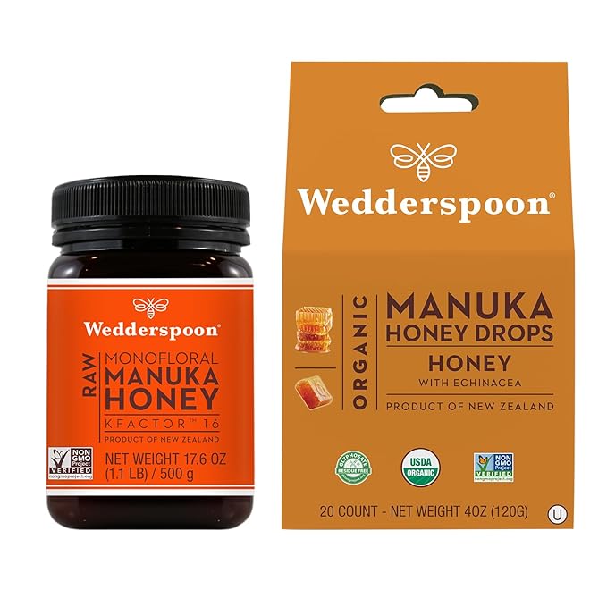 Wedderspoon Organic Manuka Honey Drops Honey + Echinacea Unpasteurized Genuine New Zealand Honey Perfect Remedy For Dry Throats 4.0 Ounce