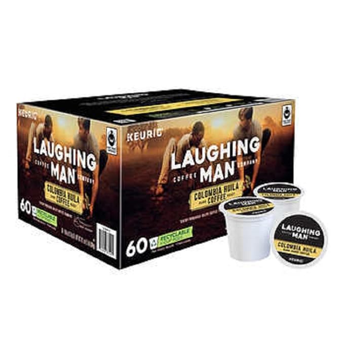 Laughing Man Hugh Jackman Single-Serve Fair Trade Keurig Recyclable K-Cup Arabica Coffee Pods Colombia Huila Dark Roast