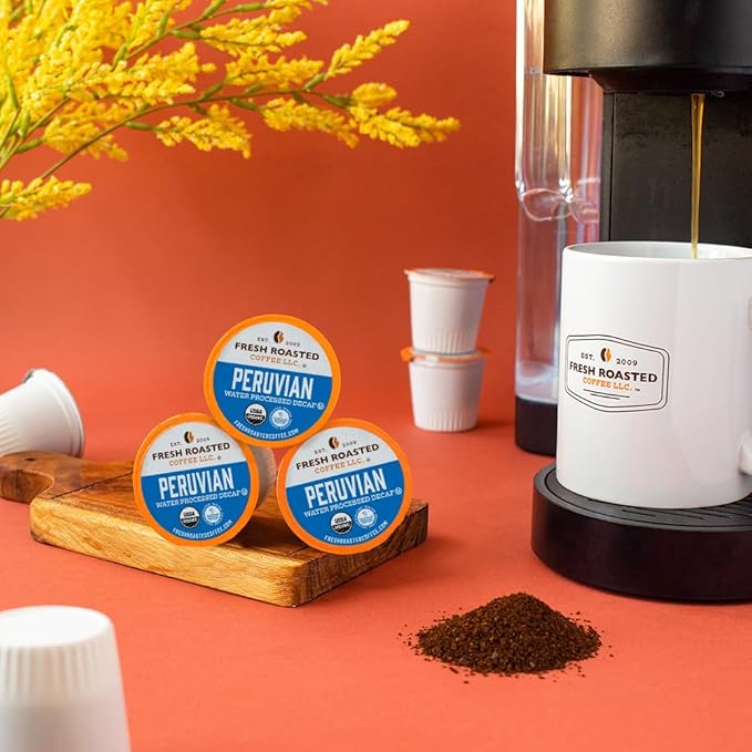 Fresh Roasted Coffee USDA Organic Peru Water-Processed Decaf | 3rd Party Tested for Pesticides Mold Mycotoxins Kosher | 100% Arabica Specialty Grade Med Roast 24 Pods for K Cup Brewers