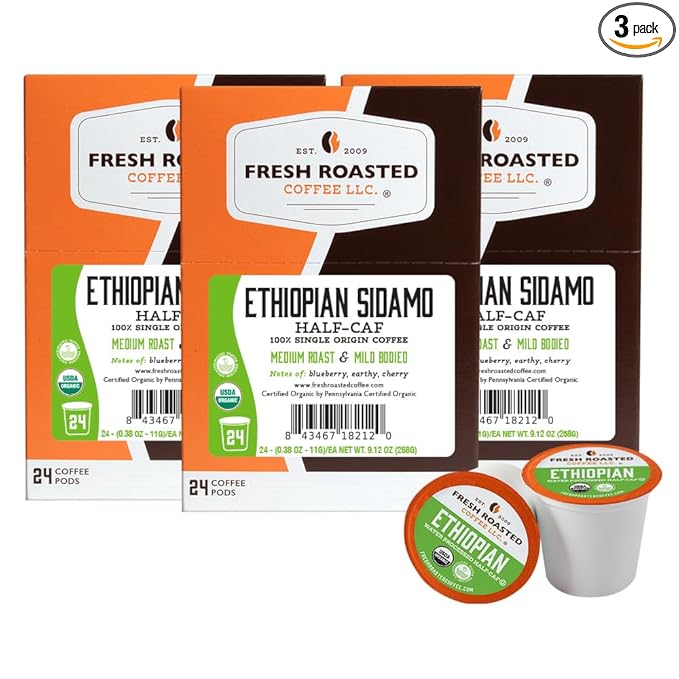 Fresh Roasted Coffee Organic Ethiopian Sidamo Water-Processed Half-Caf | USDA Organic 100% Single Origin Kosher | Medium Roast 72 Pods for K Cup Brewers