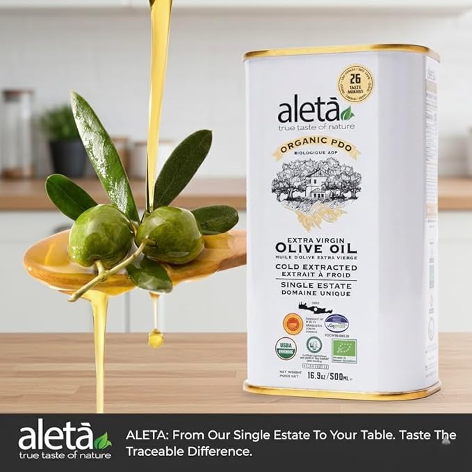 Aleta Farms Organic Olive Oil Extra Virgin High Phenols Single Estate PDO Cold Press Global Gold Awards EVOO Kosher. 16.9 Fl Oz (Pack of 2)