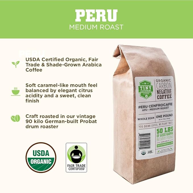 Tiny Footprint Coffee - Fair Trade Organic Peru APU Medium Roast - Whole Bean Coffee USDA Organic &amp Carbon Negative - You Drink Coffee We Plant Trees 16 Ounce9849109 (Pack of 2)