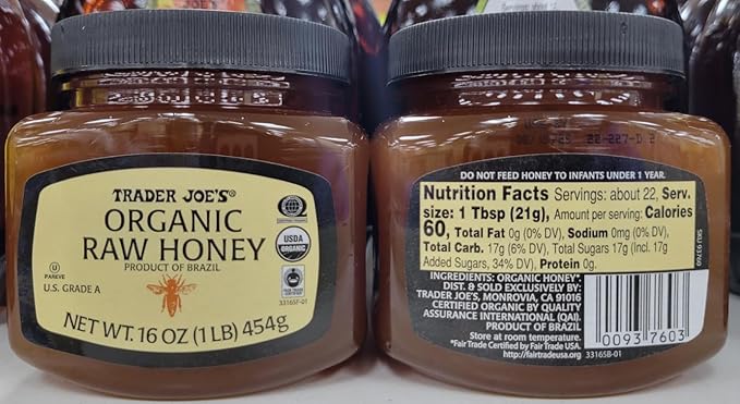 Trader Joe Organic Raw Grade A Honey 16oz 454g (Two Jars)