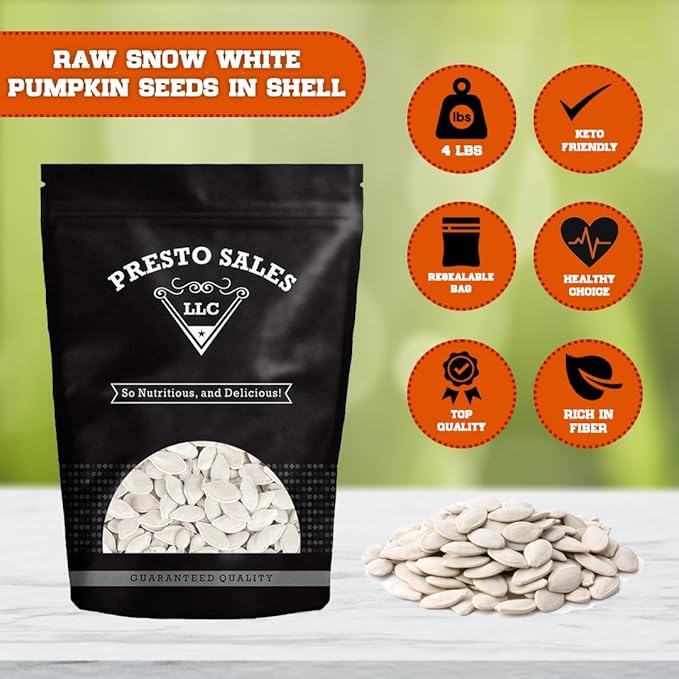Pumpkin Seeds Raw In shell Snow white Oil Free Healthy Snack Crunchy Delicious Packed in a 4 lbs. (64 oz.) Resealable pouch bag by Presto Sales LLC