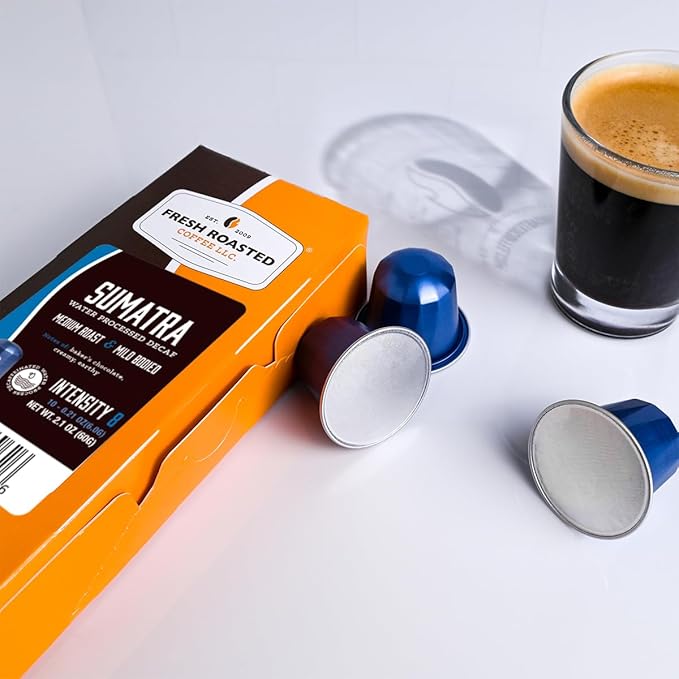 Fresh Roasted Coffee Espresso Pods for Nespresso OriginalLine Sumatra Water Process Decaf 60 Recyclable Aluminum Capsules
