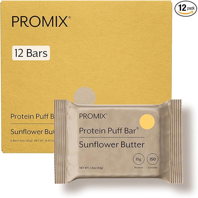 ProMix Nutrition Protein Puff Bars - Sunflower Butter - Marshmallow Crispy Treat - Great Tasting &amp Healthy On The Go Snack - High Protein &amp Low Calorie - Free From Gluten Soy &amp Corn - 12