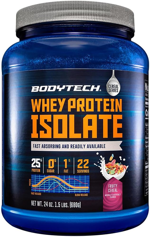 BodyTech Whey Protein Isolate Powder - 25g Protein per Serving with BCAAs - Fast-Absorbing for Muscle Growth &amp Recovery - Fruity Cereal (1.5 lb 23 Servings)