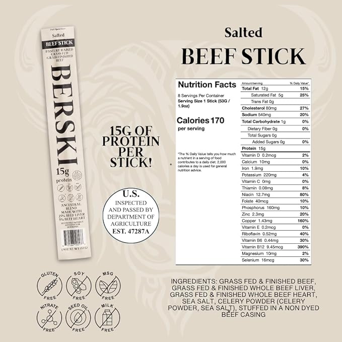 BERSKI Salted Beef Sticks – 100% Grass-Fed Grass-Finished – Ancestral Blend with Liver &amp Heart – Keto Paleo – Regeneratively Raised USA Beef – 8 Pack (1.9 oz Sticks)