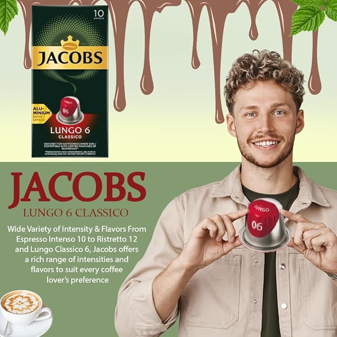 Jacobs Lungo 6 Classico 10x10 CAPSULES Coffee Capsules Compatible with (057 USD/1 CAP)