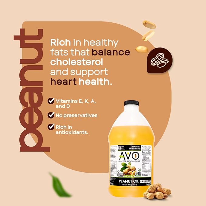 AVO Made for Great Cooking Organic Peanut Oil Half Gallon - Perfect for Cooking &amp Deep Frying - Ideal for Chefs Moms and Grillers - Bulk Organic Peanut Oil for Deep Frying Turkey