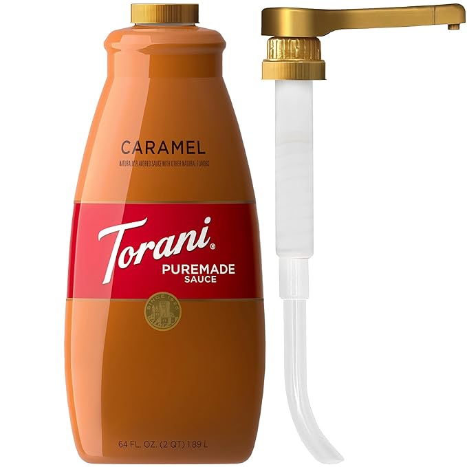 Torani Puremade Caramel Sauce for Coffeehouse Drinks and Desserts Large 4lb Bottle Pump Included 64 Fl Oz