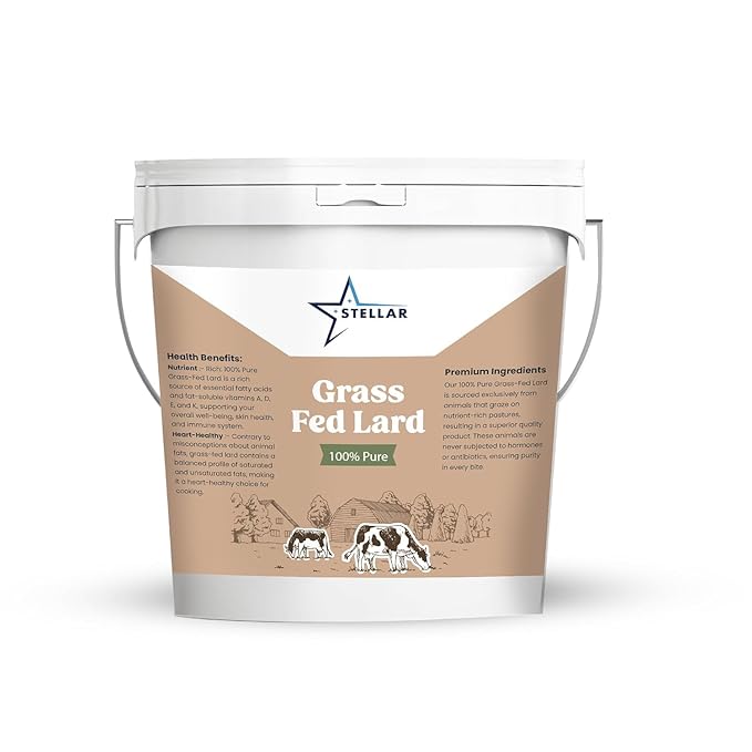 Stellar Grass Fed Pork Lard for Cooking and Baking – Rendered Lard Shortening 100% Pure Pork Fat Non-GMO No Additives | 160 oz (10 lbs)