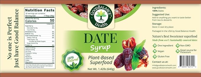 Good Balance Health Organic Date Syrup Sweetener Natural Sugar Alternative for Coffee Tea Baking and Cooking Vegan Paleo Gluten Free Kosher 22.5 oz Squeeze Bottle