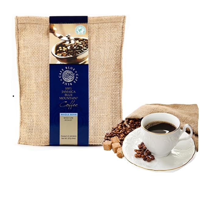 Cafe Blue - 100% Authentic Jamaica Blue Mountain Coffee (8 oz) Small Batch Roasted Whole Beans JACRA Certified Freshly Processed Jamaican Coffee Beans