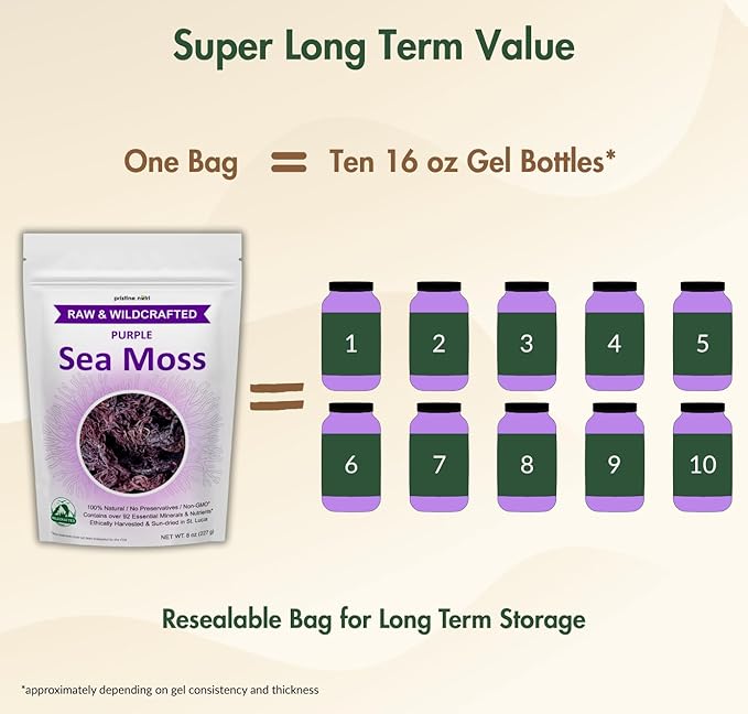Purple Sea Moss Wildcrafted Raw Seamoss from St. Lucia Sun-Dried True Mineral-Rich Superfood Makes 160+ oz of Sea Moss Gel 100% Natural Vegan Non-GMO 8 oz bulk package