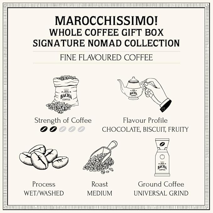 Bacha Coffee | Marocchissimo! Fine Flavoured Whole Beans Medium Roast 100% Arabica Specialty Coffee 250g Signature Nomad Collection Gift Box