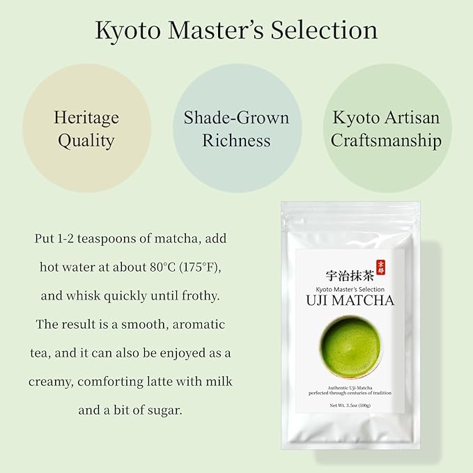 JEAU CHAU Premium Uji Matcha Powder from Kyoto Japan (3.5oz/100g. 50 servings per bag) Vivid Green Ceremonial Quality Taste for Lattes &amp Baking