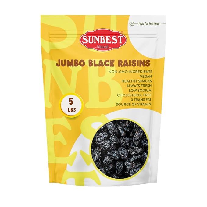 Sunbest Natural Jumbo Black Raisins 5 lbs – Naturally Sweet Dried Fruit – California Dried Grapes for Trail Mix Salads &amp Snacking – Non-GMO Vegan &amp Kosher (80 oz)