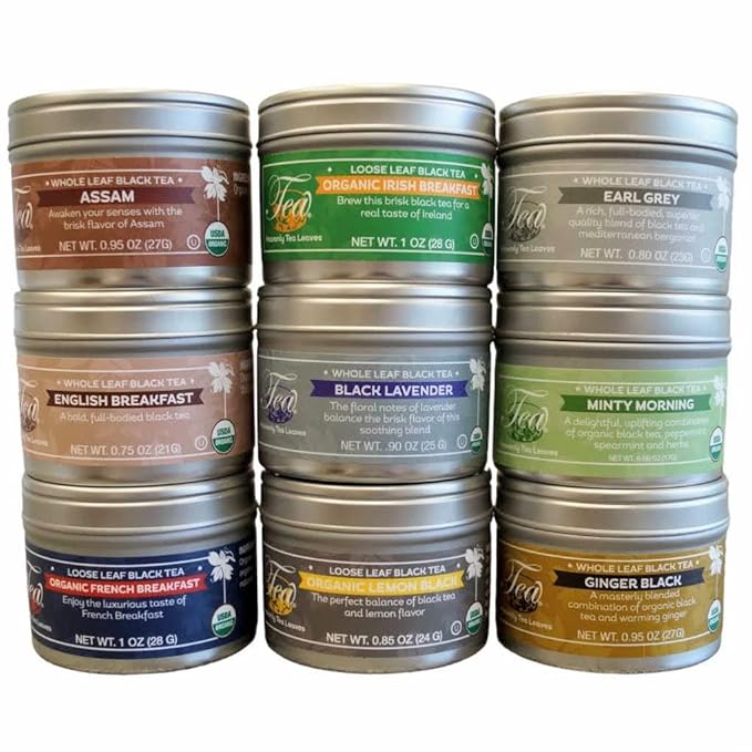 Heavenly Tea Leaves Organic Black Tea Sampler 9 Loose Leaf Black Teas (Approx. 90 Servings) - Naturally Caffeinated Perfect Coffee Substitute Variety Gift Pack