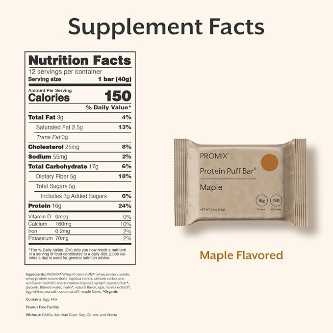 ProMix Nutrition Protein Puff Bars - Maple - Marshmallow Crispy Treat - High Protein &amp Low Calorie - 12 Bars