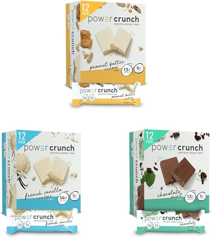 Power Crunch Protein Wafer Bars Peanut Butter Crème 1.4 Ounce &amp Protein Wafer Bars French Vanilla Creme 1.4 Ounce &amp Protein Wafer Bars Chocolate Mint 1.4 Ounce