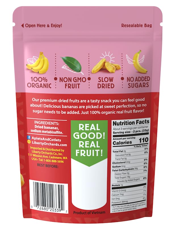 Liberty Orchard Organic Whole Dried Banana - Naturally Sweetened Dried Fruit Snack for Healthy Digestion &amp Busy Lifestyles - Delicious 6 Fresh Bananas in Each Bag - 5 Pack