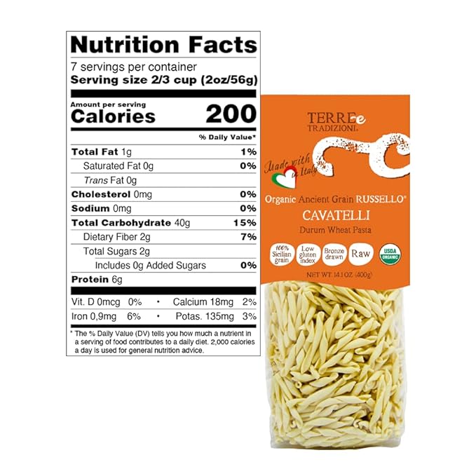 TERRE E TRADIZIONI 6 PACKS ORGANIC ITALIAN DURUM WHEAT CAVATELLI PASTA – Sicilian Ancient Grain Russello Vegan Crafted in Italy. LOW-GLUTEN INDEX. Has 6X More Fiber and Protein than Popular Grains