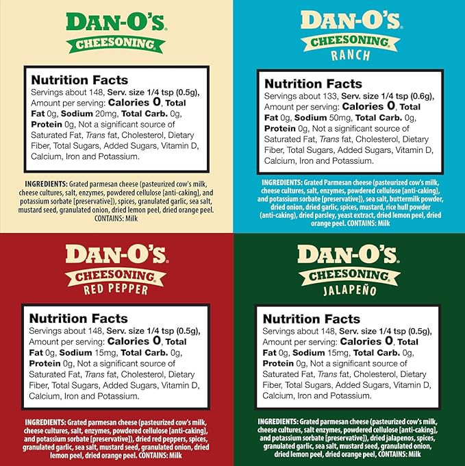 Dan-O's Cheesoning Block Seasoning Set Small Bottles 4 Pack Includes Ranch Cheesoning Red Pepper Cheesoning Cheesoning and Jalapeño Cheesoning Seasonings Sugar Free Zero Calorie Use this Seas