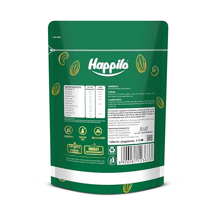Happilo Premium Seedless Green Raisins 500G Value Pack Kishmish Nutritious Rich In Iron &amp Vitamin B 500 G (Pack Of 1) Raisins