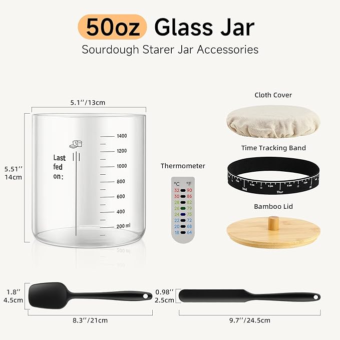 Premium Sourdough Starter Jar - 50 oz Large Glass Jar with Bamboo Lid Cloth Cover Date Tracker Thermometer and Scraper Stylish Design and Wide Mouth Starter Kit