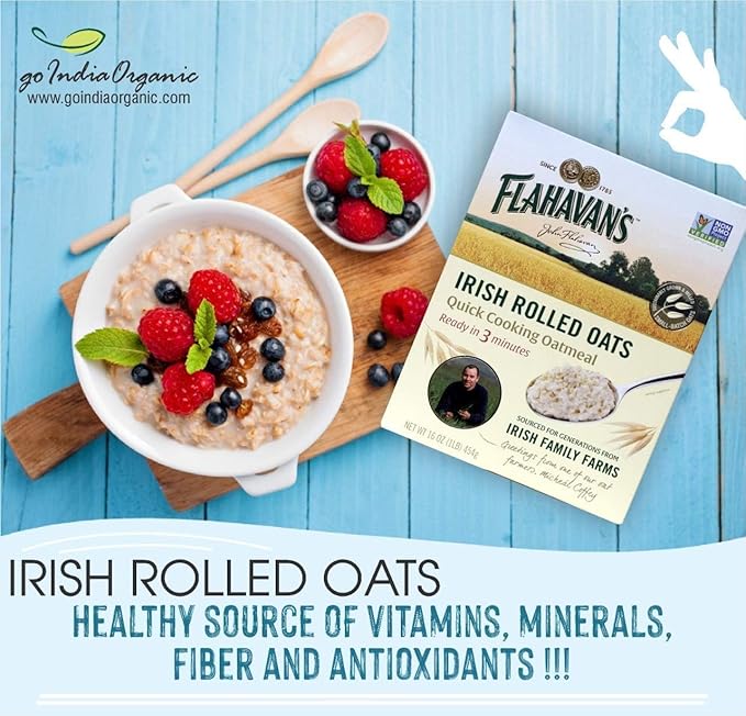 Flahavan’s Irish Rolled Oats 16 Ounce. Quick Cooking Oatmeal Ready in 3 Minutes. 100% Whole Grain Oats Non-GMO Verified Field to Spoon [Pack of 3]