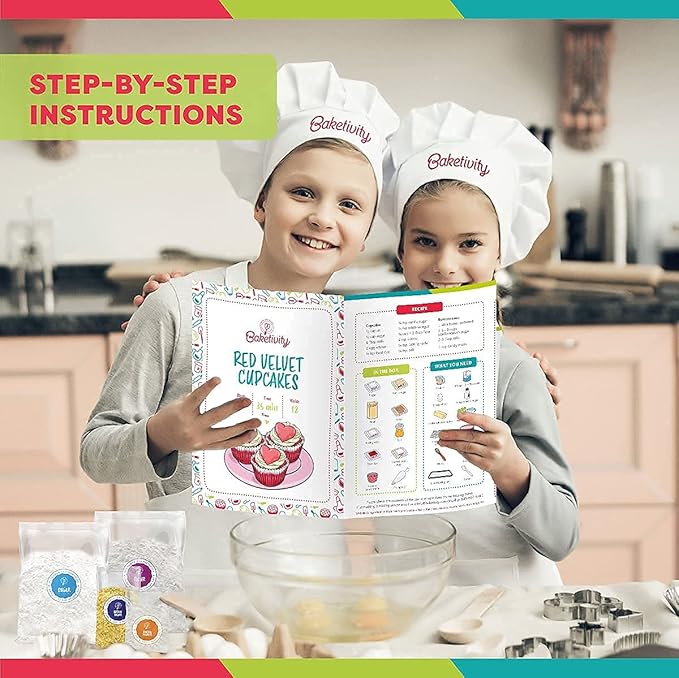 Baketivity Kids Baking Set Meal Cooking Party Supply Kit for Teens Real Fun Little Junior Chef Essential Kitchen Lessons Includes Pre-Measured Ingredients (Baketivity Kit Red Velvet)