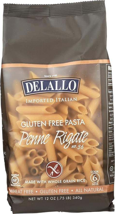 Delallo Whole Grain Penne Rigate Pasta Gluten Free &amp Non-GMO 12 Oz (Pack of 12)